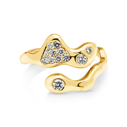 9ct yellow gold organic molten gold shaped wrap ring set with 12 round brilliant cut Argyle diamonds with a total diamond weight of 0.24ct colour I and clarity VS.