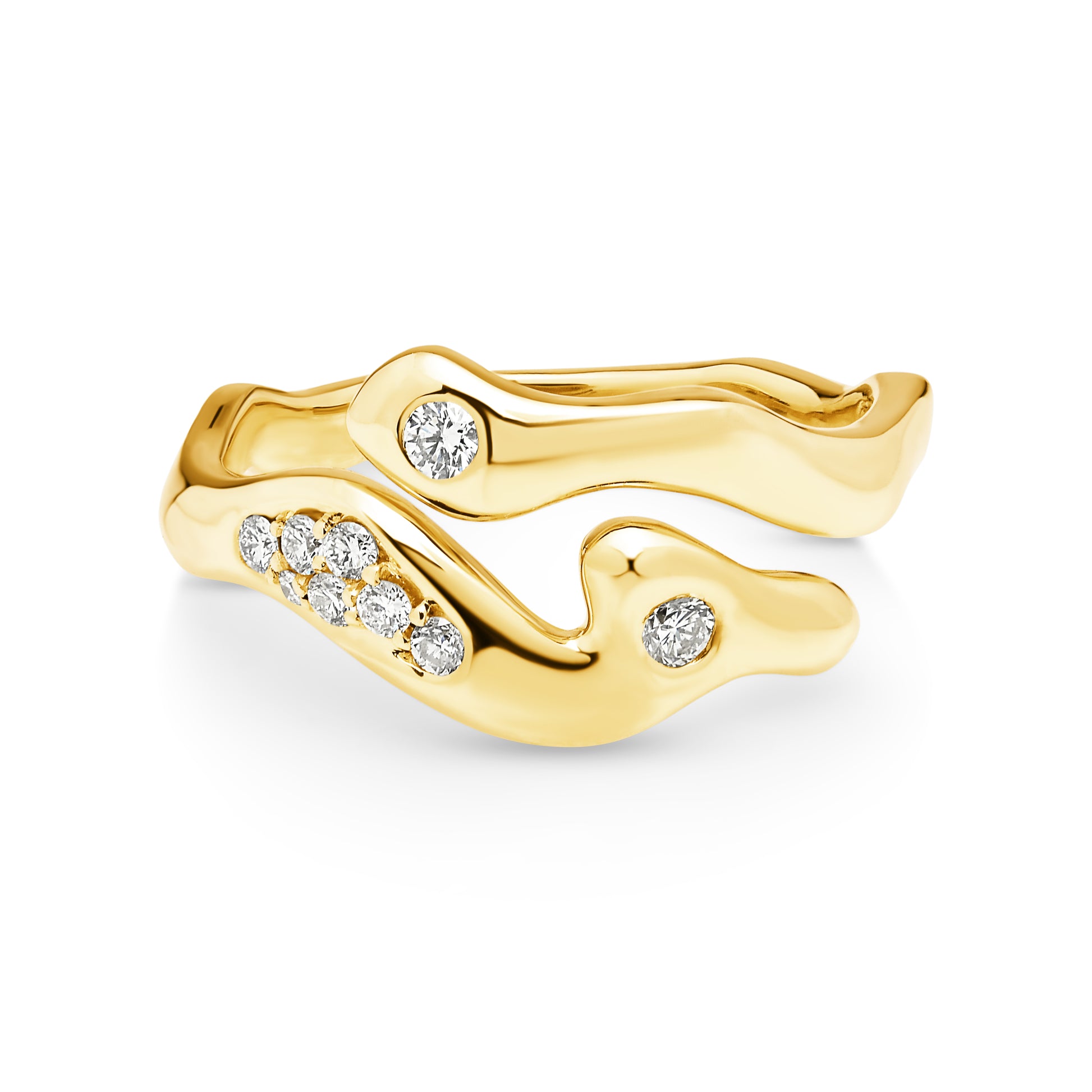 14ct yellow gold granule style bangle featuring 9 diamonds set into 3 oval shaped stations weighing a total of 0.20ct.