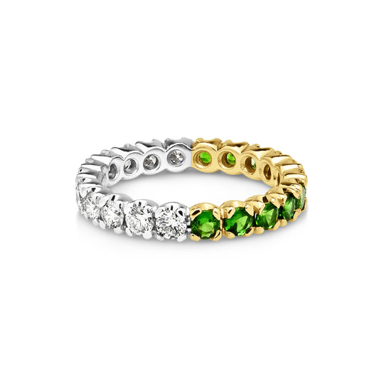 JE 18ct White Gold Diamond and Yellow Gold Tsavorite Half and Half Eternity Band