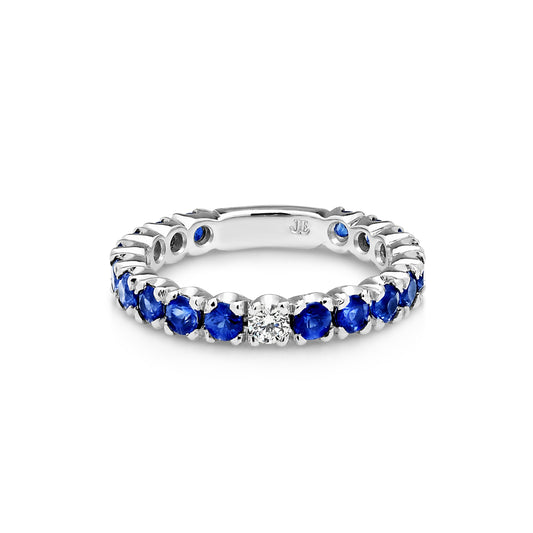 JE 18ct White Gold Sapphire Band Featuring One Diamond