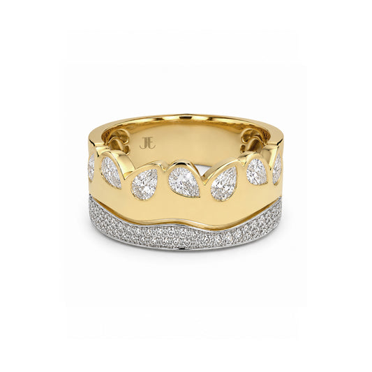 18ct Two Tone Pave and Pear Shape Diamond Wave Ring