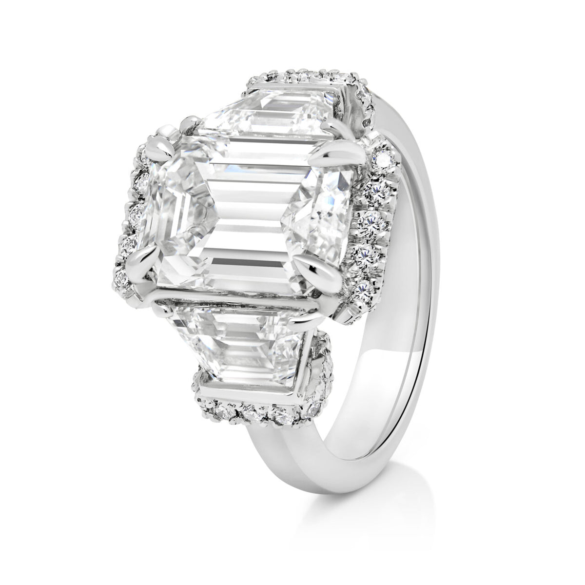 Jeffrey A Rings 18ct White Gold Emerald Cut Trilogy Custom Engagement Ring – JEFF ...
