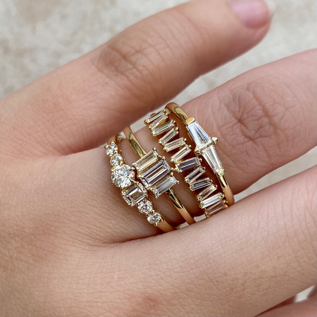 JE Petite 14ct Yellow Gold Baguette Trilogy Ring